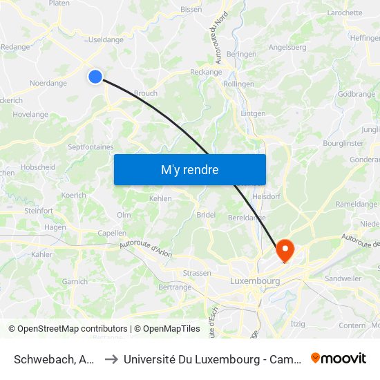 Schwebach, AM Duerf to Université Du Luxembourg - Campus Kirchberg map