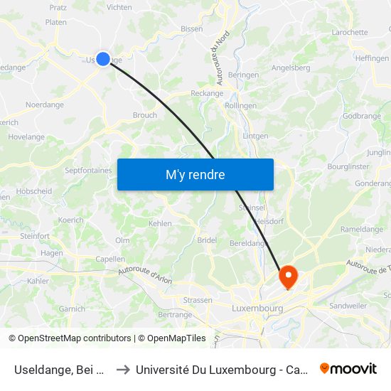 Useldange, Bei Der Buerg to Université Du Luxembourg - Campus Kirchberg map