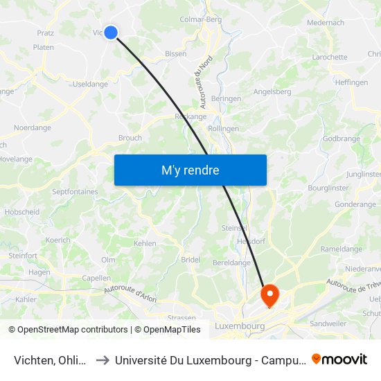 Vichten, Ohligsfeld to Université Du Luxembourg - Campus Kirchberg map