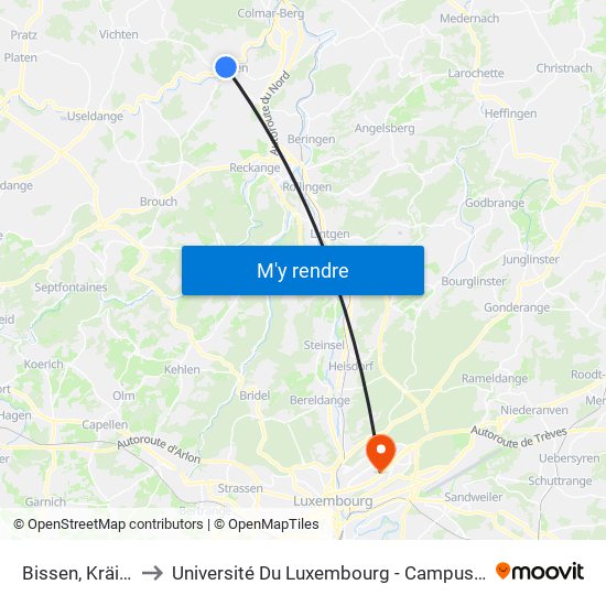 Bissen, Kräizung to Université Du Luxembourg - Campus Kirchberg map