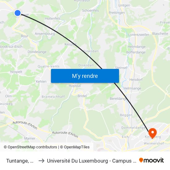 Tuntange, Duerf to Université Du Luxembourg - Campus Kirchberg map