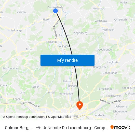 Colmar-Berg, Usines to Université Du Luxembourg - Campus Kirchberg map