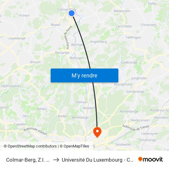 Colmar-Berg, Z.I. Rond-Point to Université Du Luxembourg - Campus Kirchberg map