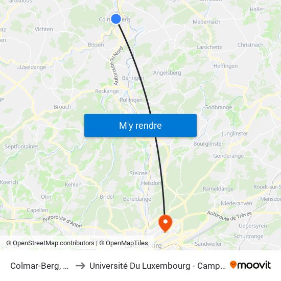 Colmar-Berg, Piscine to Université Du Luxembourg - Campus Kirchberg map