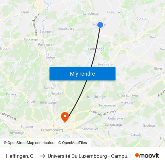 Heffingen, Centre to Université Du Luxembourg - Campus Kirchberg map