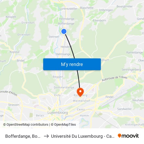 Bofferdange, Bouferknupp to Université Du Luxembourg - Campus Kirchberg map