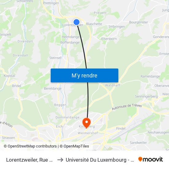 Lorentzweiler, Rue De Blaschette to Université Du Luxembourg - Campus Kirchberg map