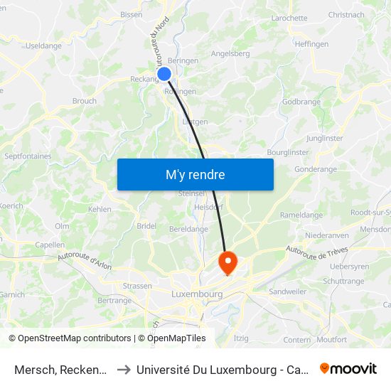 Mersch, Reckenerstrooss to Université Du Luxembourg - Campus Kirchberg map