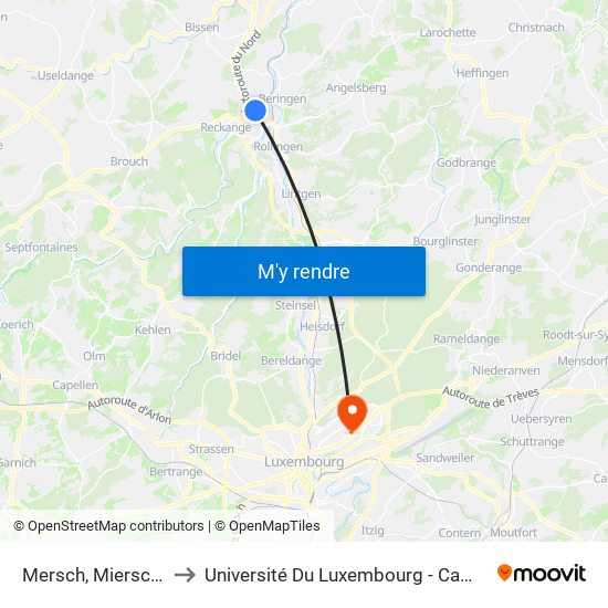 Mersch, Mierscherbierg to Université Du Luxembourg - Campus Kirchberg map