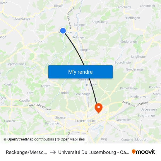 Reckange/Mersch, Hosbich to Université Du Luxembourg - Campus Kirchberg map