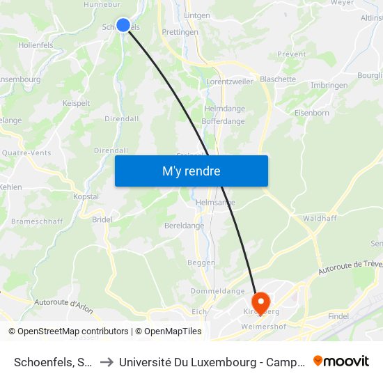 Schoenfels, Schlass to Université Du Luxembourg - Campus Kirchberg map