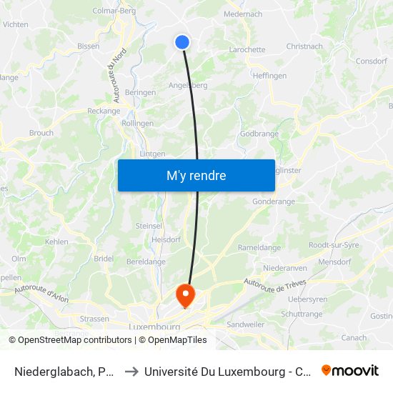 Niederglabach, Peffeschhaff to Université Du Luxembourg - Campus Kirchberg map