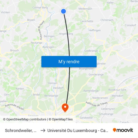 Schrondweiler, Um Woes to Université Du Luxembourg - Campus Kirchberg map