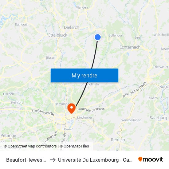 Beaufort, Iewescht Heed to Université Du Luxembourg - Campus Kirchberg map