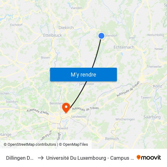 Dillingen Déiljen to Université Du Luxembourg - Campus Kirchberg map