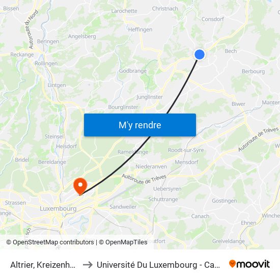 Altrier, Kreizenhéicht (Rn) to Université Du Luxembourg - Campus Kirchberg map