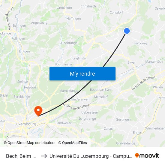 Bech, Beim Weiher to Université Du Luxembourg - Campus Kirchberg map