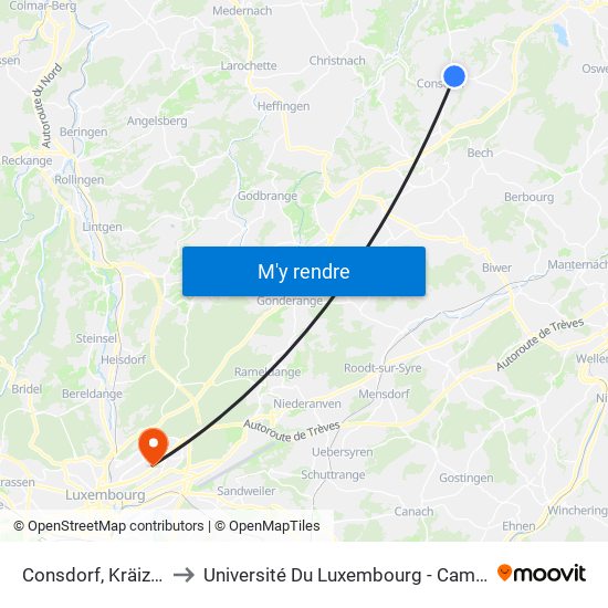 Consdorf, Kräizstrooss to Université Du Luxembourg - Campus Kirchberg map