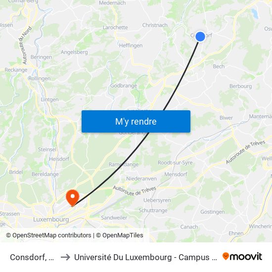 Consdorf, Post to Université Du Luxembourg - Campus Kirchberg map