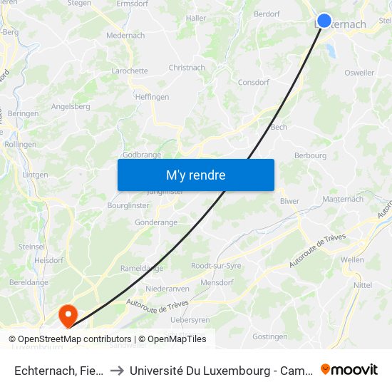 Echternach, Fielsmillen to Université Du Luxembourg - Campus Kirchberg map