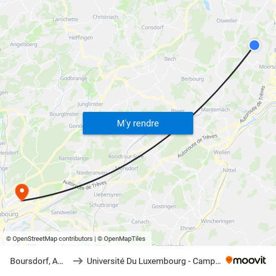 Boursdorf, AM Duerf to Université Du Luxembourg - Campus Kirchberg map