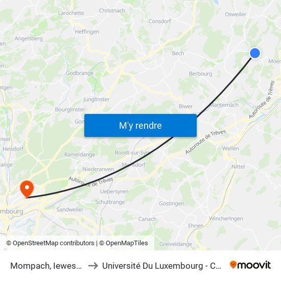 Mompach, Ieweschtstrooss to Université Du Luxembourg - Campus Kirchberg map