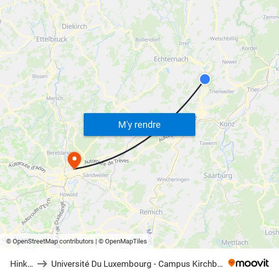 Hinkel to Université Du Luxembourg - Campus Kirchberg map