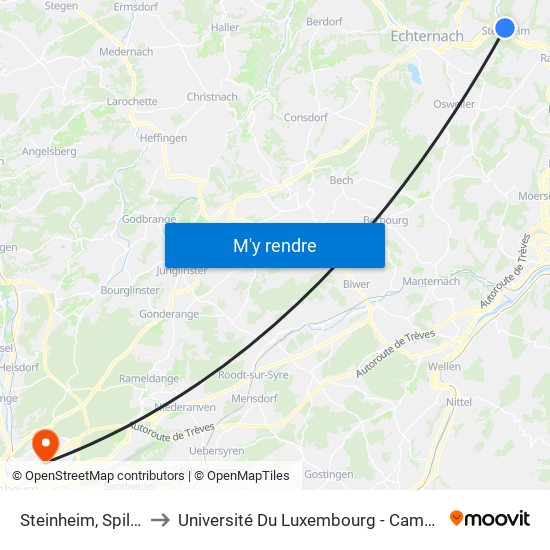 Steinheim, Spillschoul to Université Du Luxembourg - Campus Kirchberg map