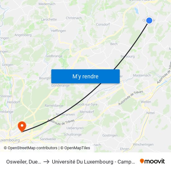 Osweiler, Duerfplaz to Université Du Luxembourg - Campus Kirchberg map