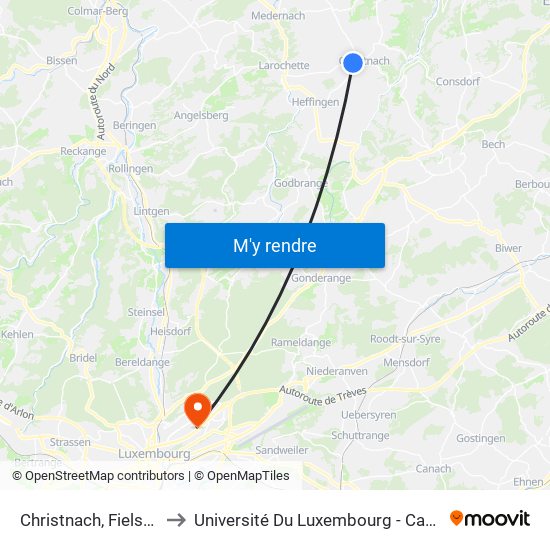 Christnach, Fielserstrooss to Université Du Luxembourg - Campus Kirchberg map