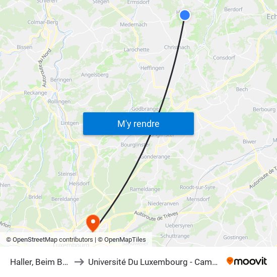 Haller, Beim Basseng to Université Du Luxembourg - Campus Kirchberg map