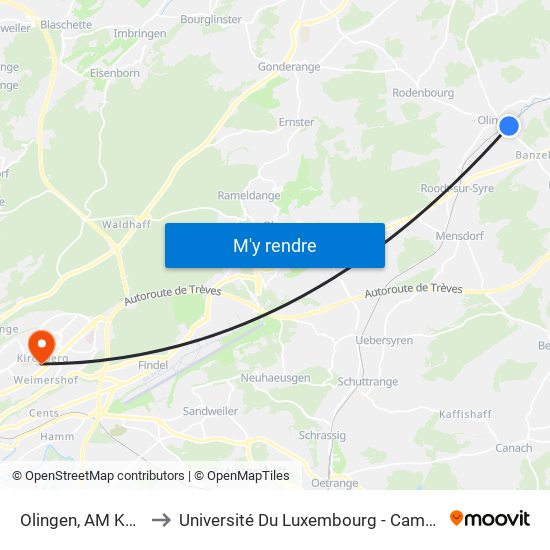 Olingen, AM Kéisbierg to Université Du Luxembourg - Campus Kirchberg map