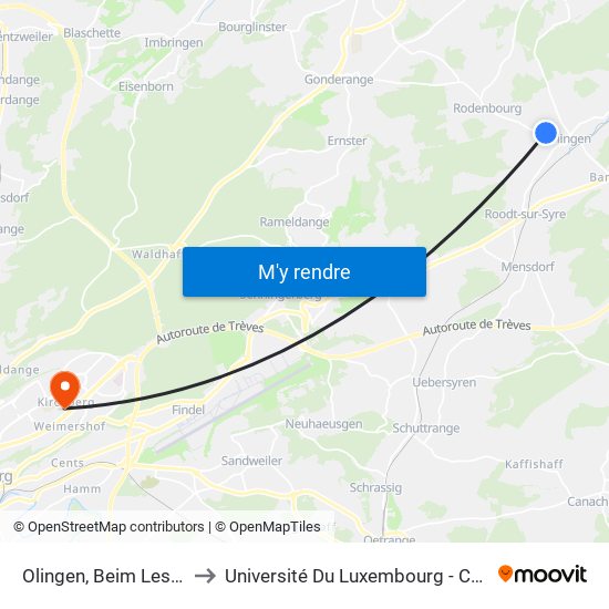 Olingen, Beim Leschte Wollef to Université Du Luxembourg - Campus Kirchberg map