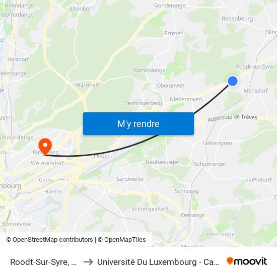 Roodt-Sur-Syre, Rothoicht to Université Du Luxembourg - Campus Kirchberg map