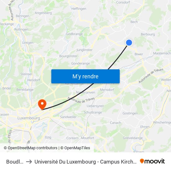 Boudler to Université Du Luxembourg - Campus Kirchberg map