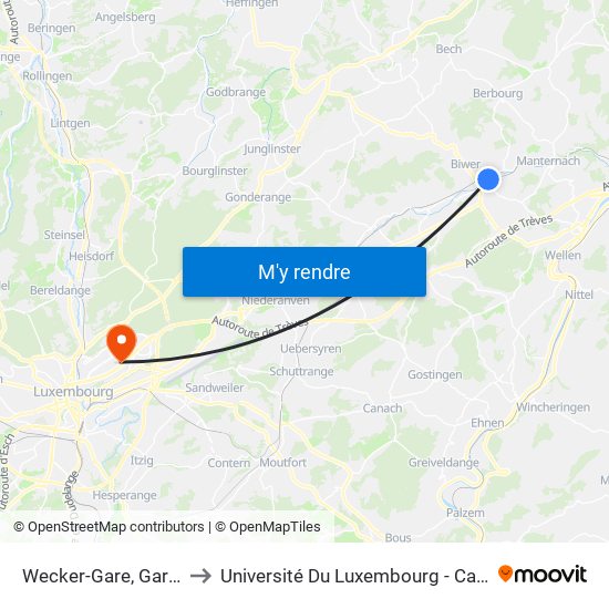 Wecker-Gare, Gare Routière to Université Du Luxembourg - Campus Kirchberg map