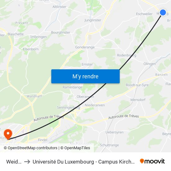 Weidig to Université Du Luxembourg - Campus Kirchberg map