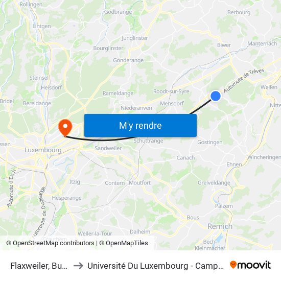 Flaxweiler, Buchholz to Université Du Luxembourg - Campus Kirchberg map