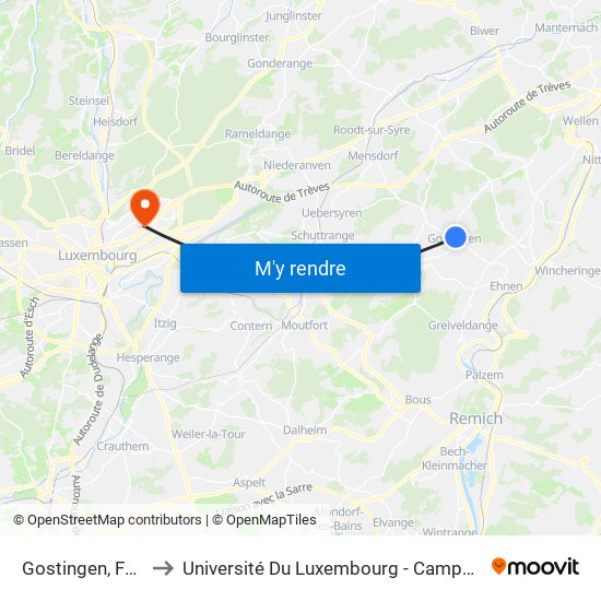 Gostingen, Festsall to Université Du Luxembourg - Campus Kirchberg map