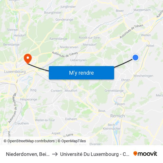 Niederdonven, Beim Schmatt to Université Du Luxembourg - Campus Kirchberg map