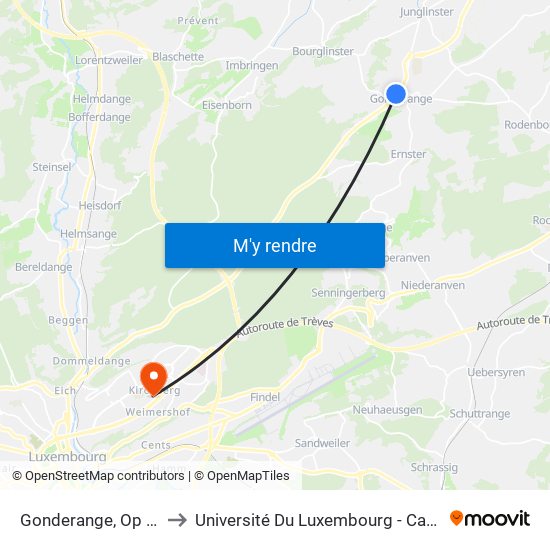 Gonderange, Op Der Breck to Université Du Luxembourg - Campus Kirchberg map
