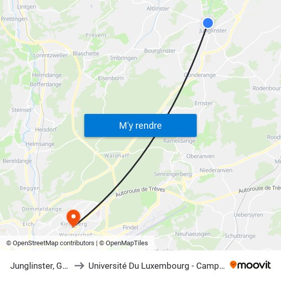 Junglinster, Gemeng to Université Du Luxembourg - Campus Kirchberg map