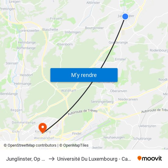 Junglinster, Op Der Gare to Université Du Luxembourg - Campus Kirchberg map