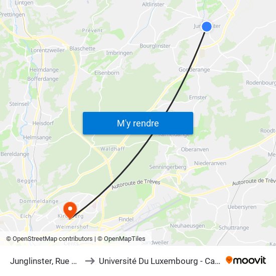 Junglinster, Rue De La Gare to Université Du Luxembourg - Campus Kirchberg map