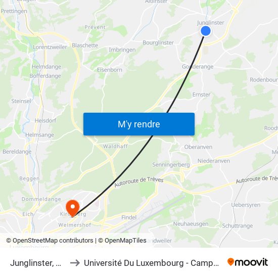 Junglinster, Um Lei to Université Du Luxembourg - Campus Kirchberg map