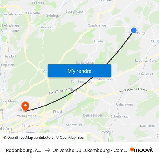 Rodenbourg, AM Duerf to Université Du Luxembourg - Campus Kirchberg map