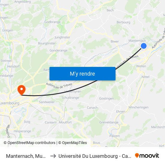 Manternach, Munschecker to Université Du Luxembourg - Campus Kirchberg map