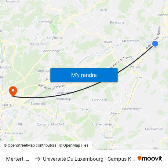 Mertert, Gare to Université Du Luxembourg - Campus Kirchberg map