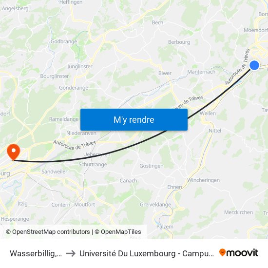 Wasserbillig, Gare to Université Du Luxembourg - Campus Kirchberg map