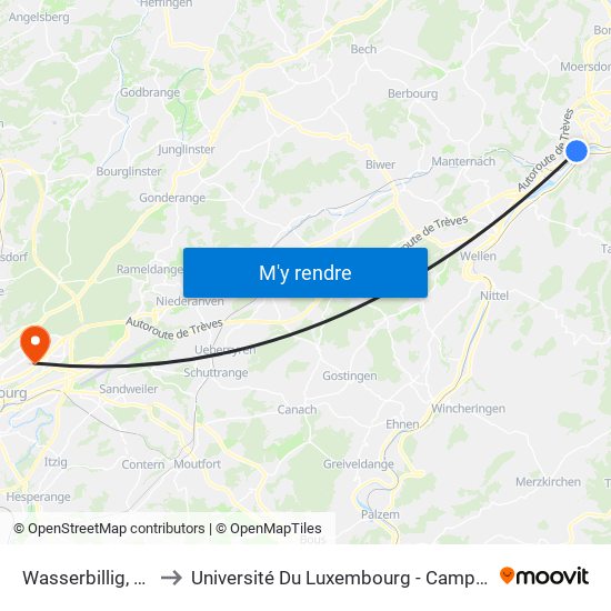 Wasserbillig, Marais to Université Du Luxembourg - Campus Kirchberg map